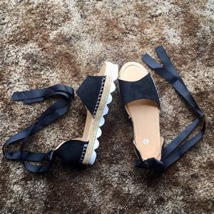 Lace-up Sandals—Rope Wedge, Cloud Bottoms (Black)